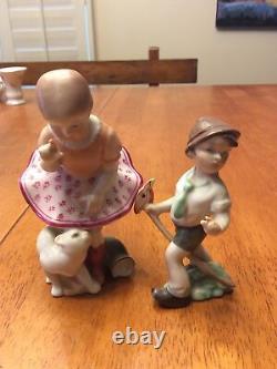 Beautiful Vintage HEREND Porcelain Girl with Cat & Boy On Horse Figure 5841 FrSh