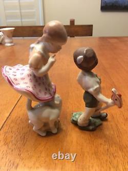 Beautiful Vintage HEREND Porcelain Girl with Cat & Boy On Horse Figure 5841 FrSh