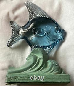 Bermondsey Blue Glass Fish Art Deco Waves Signed Guy Underwood 1933 Paperweight