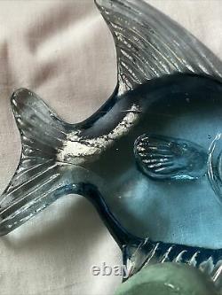 Bermondsey Blue Glass Fish Art Deco Waves Signed Guy Underwood 1933 Paperweight