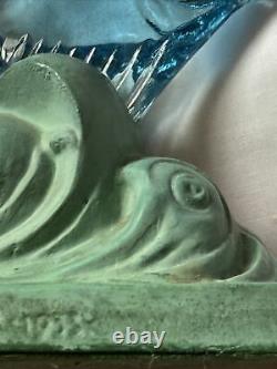 Bermondsey Blue Glass Fish Art Deco Waves Signed Guy Underwood 1933 Paperweight