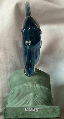 Bermondsey Blue Glass Fish Art Deco Waves Signed Guy Underwood 1933 Paperweight