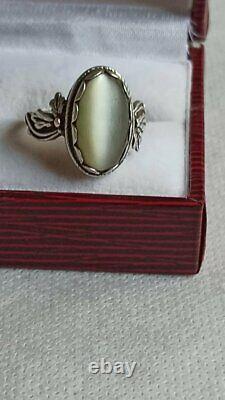 Big Antique Vintage Art Deco Russian 925 Sterling Silver Cat's Eye Ring Size 8