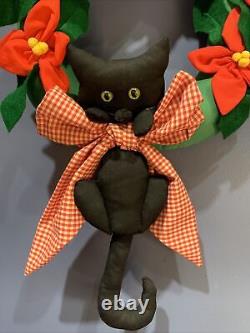 Black Cat In Floral Wreath Vintage 1960's Art Deco, Pop Art, RARE 14 w, 15