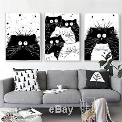 Black and White Fat Cats 3 Pcs Canvas Printed Wall Picture Poster Home Decor