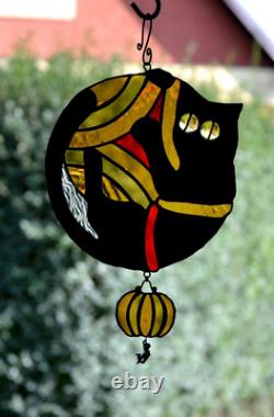 Black cat Halloween pumpkin Suncatcher Stained glass Sun catcher Stained glass