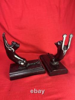 Bookends Art Deco Frankart Sarsaparilla black Cats Up & Down mcm yawn stretch