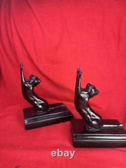 Bookends Art Deco Frankart Sarsaparilla black Cats Up & Down mcm yawn stretch