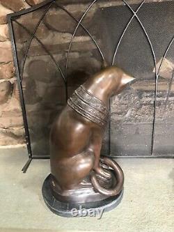 Bronze Cat LARGE Sculpture with Marble Base