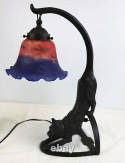 Bronze Crouching Cat Lamp with Glass Tulip Shade Light Up Eyes Art Deco Style