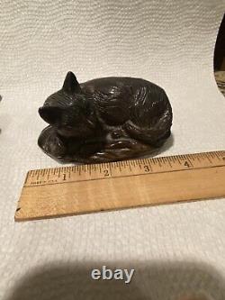 Bronze Statue Sleeping Cat Sculpture & Cast Iron Mouse