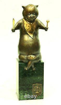 CAT Bronze Author's Sculpture Pedestal Green Stone Free Shipping Size 13.7 in