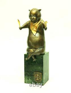 CAT Bronze Author's Sculpture Pedestal Green Stone Free Shipping Size 13.7 in