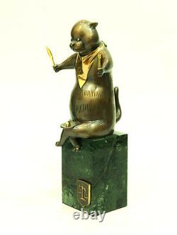 CAT Bronze Author's Sculpture Pedestal Green Stone Free Shipping Size 13.7 in