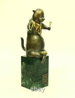 CAT Bronze Author's Sculpture Pedestal Green Stone Free Shipping Size 13.7 in