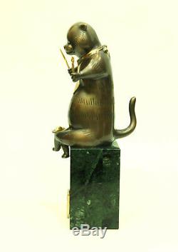 CAT Bronze Author's Sculpture Pedestal Green Stone Free Shipping Size 13.7 in