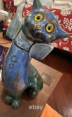 CH Brannam Pottery Grotesque Smiling 8 Cat Figure with Gold Glass Eyes & Bowtie