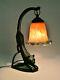 Crouching Cat Cast Iron 14 Table Lamp With Art Glass Shade Art Deco Very Nice