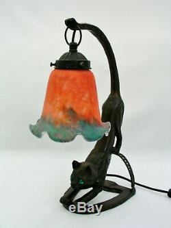 CROUCHING CAT CAST IRON 14 TABLE LAMP with ART GLASS SHADE ART DECO VERY NICE