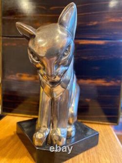 CUBIST DECO CAT SCULPTURE SILVERED original vintage silvered-bronze or chrome