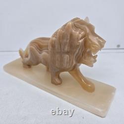 Carved Marbled Yellow Onyx Lion Big Cat Statue with Base 2lb 8x2x4 READ