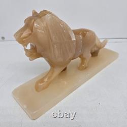 Carved Marbled Yellow Onyx Lion Big Cat Statue with Base 2lb 8x2x4 READ