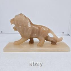 Carved Marbled Yellow Onyx Lion Big Cat Statue with Base 2lb 8x2x4 READ