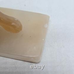 Carved Marbled Yellow Onyx Lion Big Cat Statue with Base 2lb 8x2x4 READ