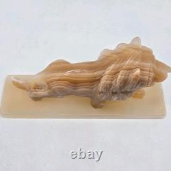 Carved Marbled Yellow Onyx Lion Big Cat Statue with Base 2lb 8x2x4 READ