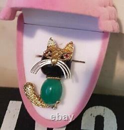 Cat Brooch Ruby, Onyx & Chrysoprase 18k Gold Corletto Pin Art Deco