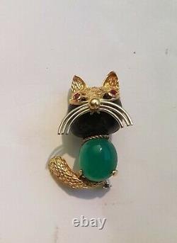 Cat Brooch Ruby, Onyx & Chrysoprase 18k Gold Corletto Pin Art Deco