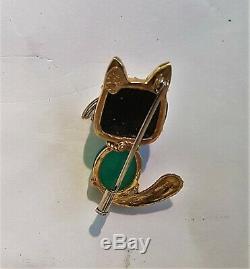 Cat Brooch Ruby, Onyx & Chrysoprase 18k Gold Corletto Pin Art Deco