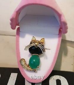 Cat Brooch Ruby, Onyx & Chrysoprase 18k Gold Corletto Pin Art Deco