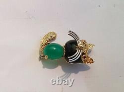 Cat Brooch Ruby, Onyx & Chrysoprase 18k Gold Corletto Pin Art Deco