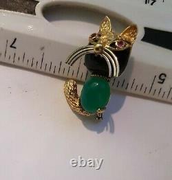 Cat Brooch Ruby, Onyx & Chrysoprase 18k Gold Corletto Pin Art Deco