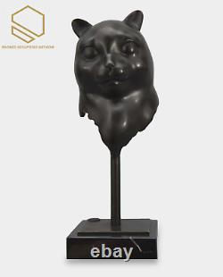 Cat Head Bronze Sculpture on Marble Base