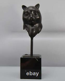 Cat Head Bronze Sculpture on Marble Base