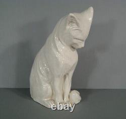 Cat Seated A L'Treestand Ceramic Crackle Sculpture Style Art Deco Signed Baux