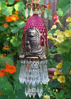 Cat Swag Lamp Chandelier brass tole Ruby glass Beaded crystal Art Deco Era insp