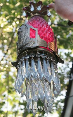 Cat Swag Lamp Chandelier brass tole Ruby glass Beaded crystal Art Deco Era insp