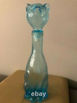Cat decanter blue glass mcm (glows green withblack light) vintage