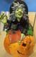 Ceramic Hobbyist Vintage Witch With Cat On A Pumpkin Signed