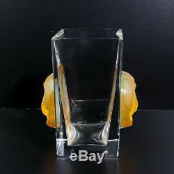 Charming Lalique Crystal Glass Amber Asmara Huddled Big Cats Rectangular Vase
