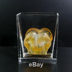 Charming Lalique Crystal Glass Amber Asmara Huddled Big Cats Rectangular Vase