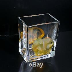 Charming Lalique Crystal Glass Amber Asmara Huddled Big Cats Rectangular Vase