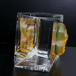 Charming Lalique Crystal Glass Amber Asmara Huddled Big Cats Rectangular Vase