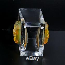 Charming Lalique Crystal Glass Amber Asmara Huddled Big Cats Rectangular Vase