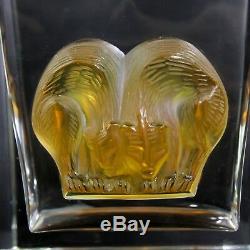 Charming Lalique Crystal Glass Amber Asmara Huddled Big Cats Rectangular Vase