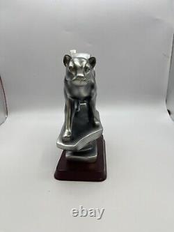 Cheetah Silver Painted Art Deco Sleek Statue, Wild Cat Sculpture, Wood Base