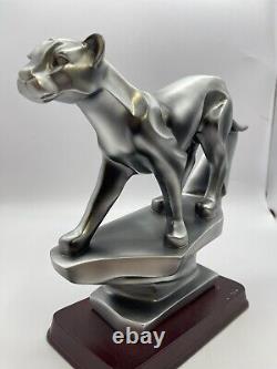 Cheetah Silver Painted Art Deco Sleek Statue, Wild Cat Sculpture, Wood Base
